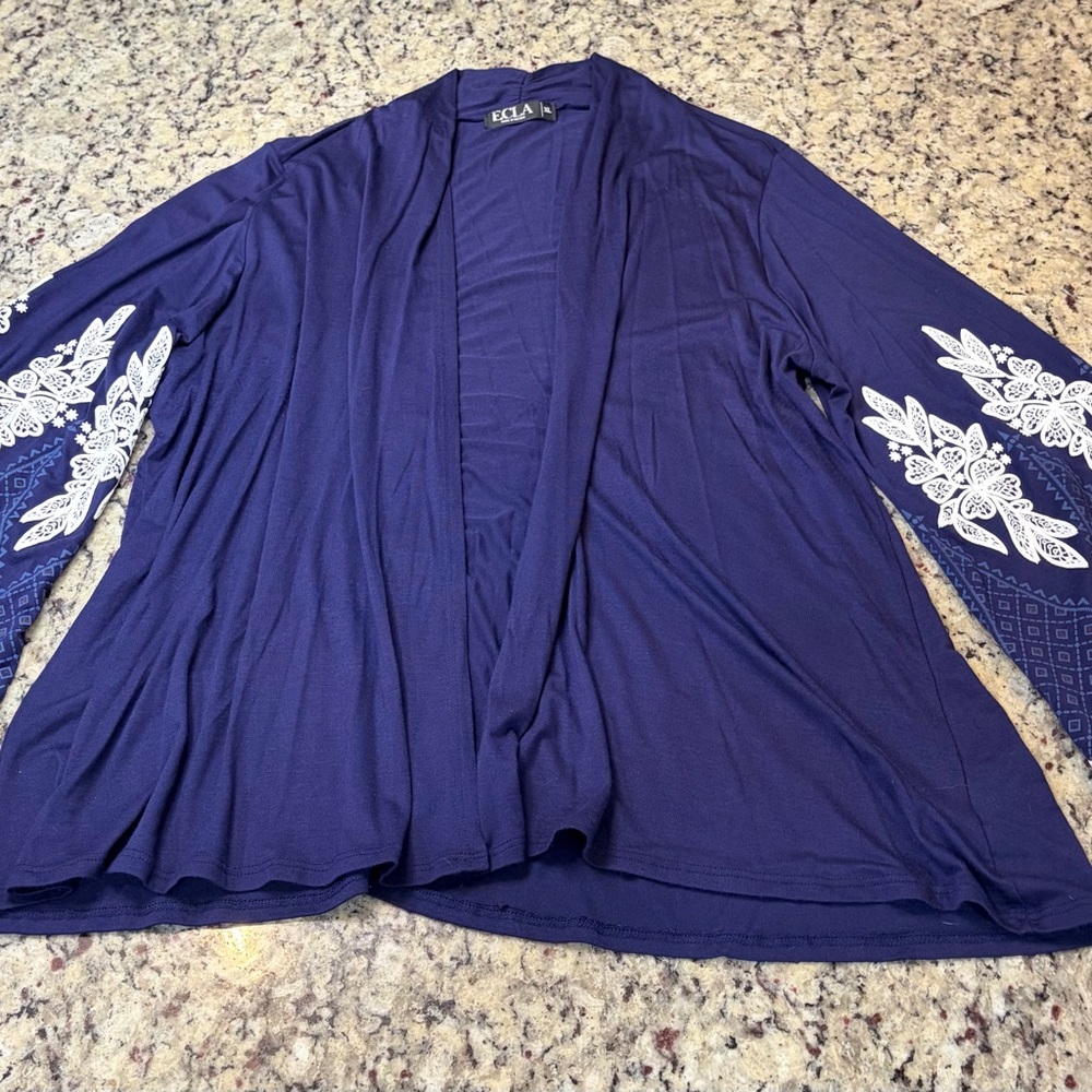 Ecla Women's Boho Blue Open Cardigan with White Accented Bell Sleeves